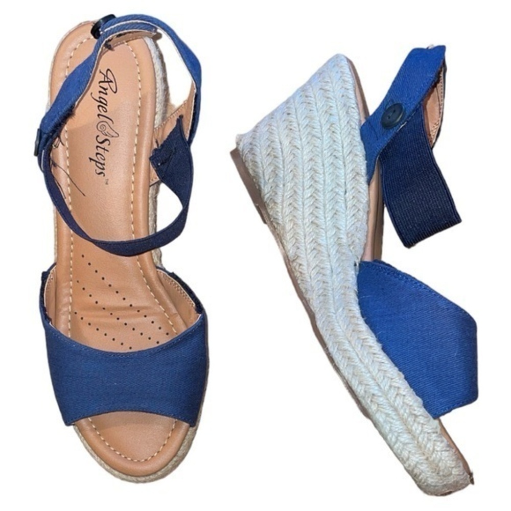 Angel Steps Supreme Espadrille Platform Wedge Sandals Ankle Strap‎ Blue Size 6.5